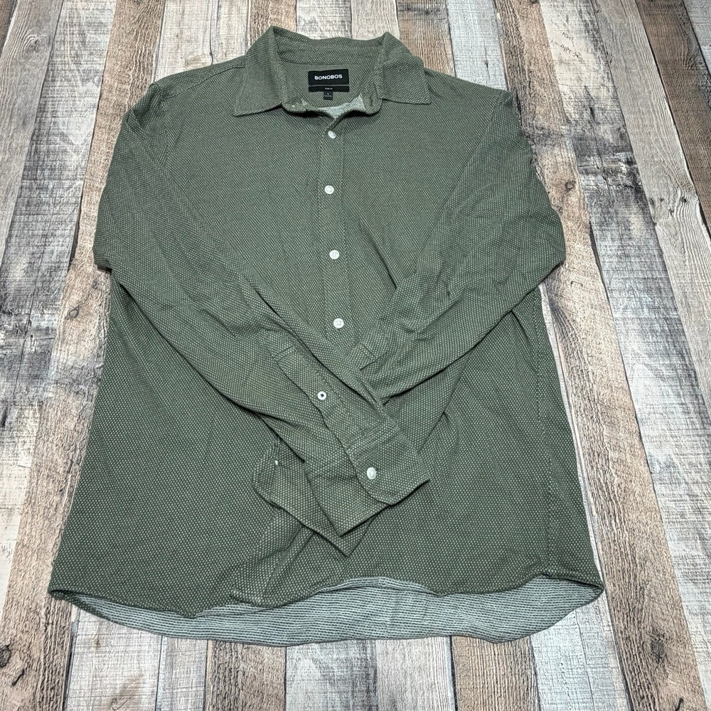 Bonobos Button Up Shirt Men's Large Green Slim Fit Micro Dot Long Sleeve